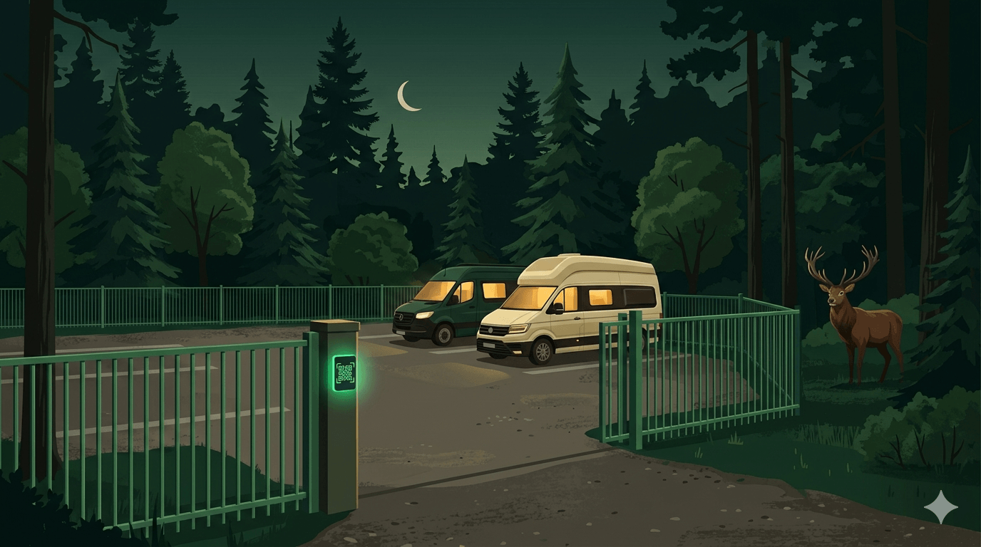 Hirschwald Hof — Nacht, Zaun, Wohnmobile